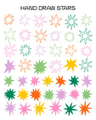Hand drawn abstract star shapes collection in modern doodle style. Colorful outline stars isolated on light background for design, logos, and patterns. © bosotochka
