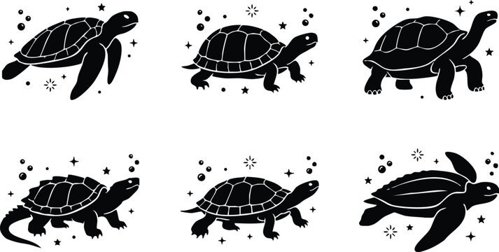 Black turtle and tortoise silhouette vector art with stars and bubbles