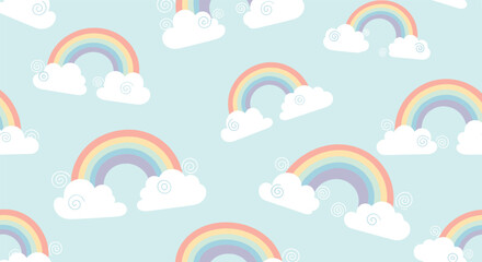 Obraz premium Cheerful seamless pattern featuring colorful pastel rainbows and fluffy white clouds with spiral motifs on a light blue sky background.