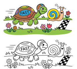 Fast Racing Turtle and Cheering Snail at the Finish Line Cartoon Speed and Fun
