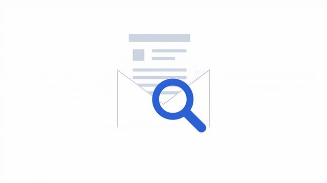 Animation of a magnifying glass scanning a document inside an envelope for email search and data verification