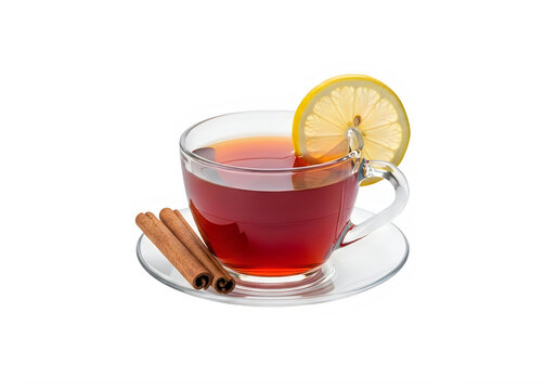 Glass cup of red tea with lemon slice and cinnamon sticks on saucer transparent background