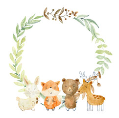 Obraz premium Baby shower card. Vector watercolor woodland card with animals.