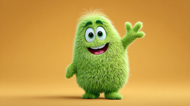 A green fuzzy cartoon character waving on a warm orange background with a friendly smile