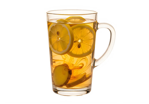 Glass mug of refreshing lemon and ginger tea drink isolated on white background transparent background