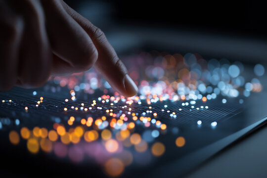 Business market positioning analysis, scatter matrix chart on digital interface laptop, finger selecting data point, competitive analysis, product positioning strategy, market research visualization 