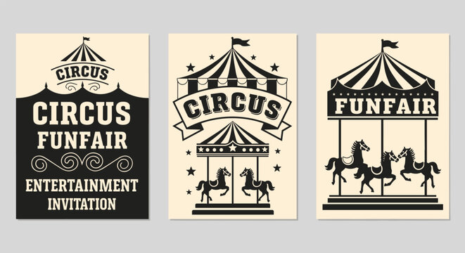 Vintage circus and funfair posters featuring big top tents and carousel horses with a classic retro entertainment theme.