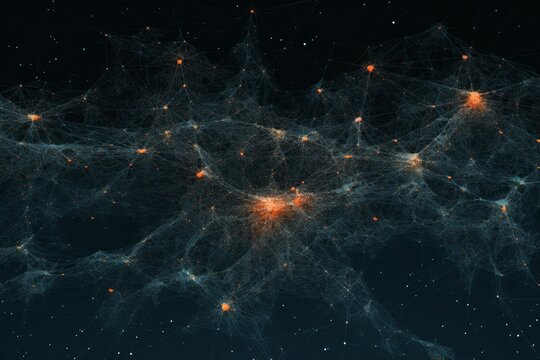 Abstract network creating connections between glowing data nodes on a dark background
