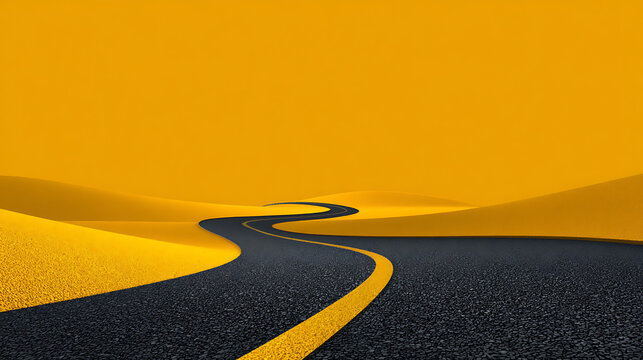 Winding road through desert landscape with yellow sand dunes and orange sky