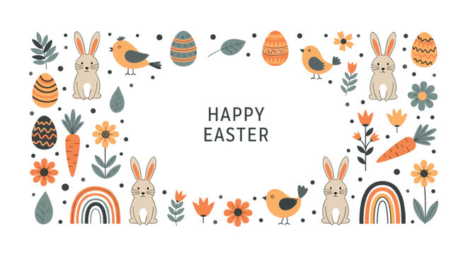 Happy Easter greeting card frame with cute rabbits colorful eggs flowers birds and rainbows on a clean white background.