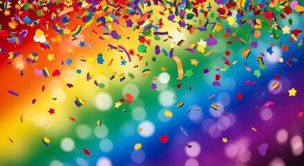 Obraz premium Rainbow confetti background, colorful celebration texture, festive party decoration, vibrant bokeh lights
