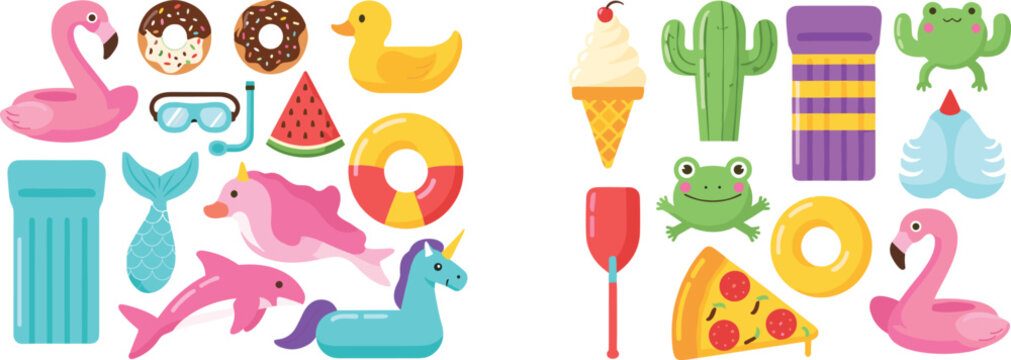 Summer Pool Party Collection with Inflatable Toys, Flamingo Float, Ice Cream, Drinks, and Beach Accessories for Vacation, Holiday, and Fun Illustration