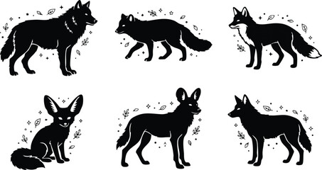 Obraz premium Black and white fox and wolf silhouettes with leaves and sparkles vector art