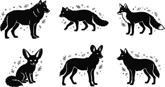 Black and white fox and wolf silhouettes with leaves and sparkles vector art