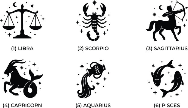 Black and white zodiac signs libra scorpio sagittarius capricorn aquarius pisces vector art