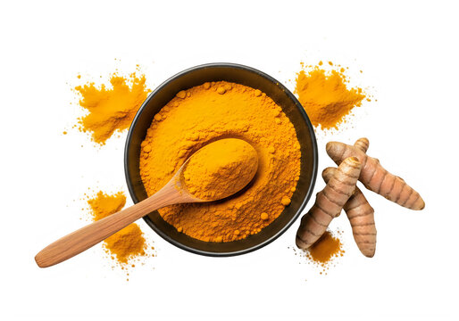 Turmeric powder in bowl with wooden spoon and fresh turmeric roots on white background transparent background