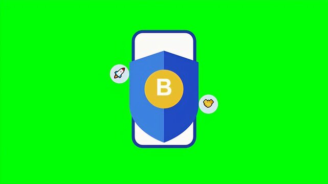 Animated smartphone showing a blue security shield with a bitcoin logo and orbiting rocket and gold symbols