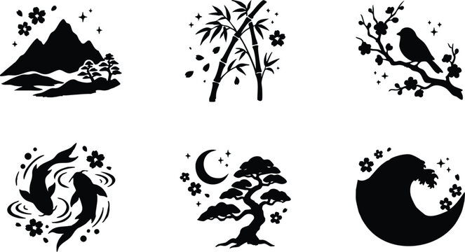 Black and white japanese style nature symbols with mountain bamboo bird koi bonsai and wave