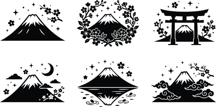 Black and white mount fuji with cherry blossoms torii and clouds vector art icons set