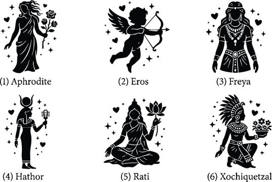 Six goddesses and gods aphrodite eros freya hathor rati xochiquetzal silhouettes