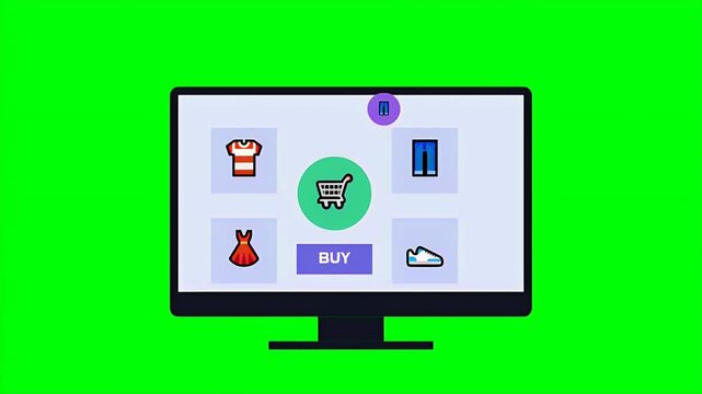 A computer monitor displays an online shopping interface with clothing icons and a buy button in pixel art style