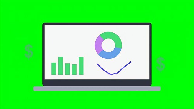 A laptop computer displays animated business analytics including bar charts and line graphs with floating dollar symbols.