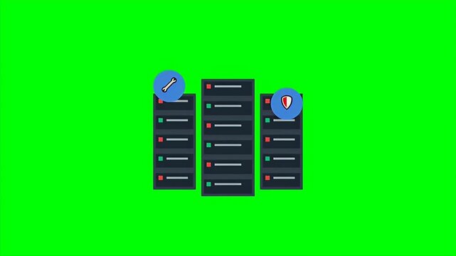 Animated server racks with wrench and shield icons representing database maintenance and security