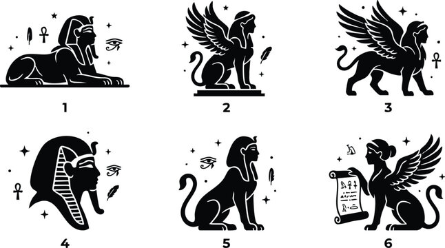 Black and white egyptian sphinx and winged creature mythical icons set