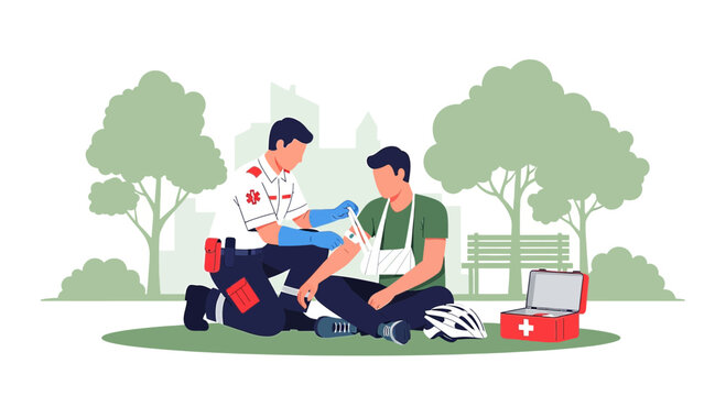 Paramedic Provides First Aid to Injured Cyclist in Park