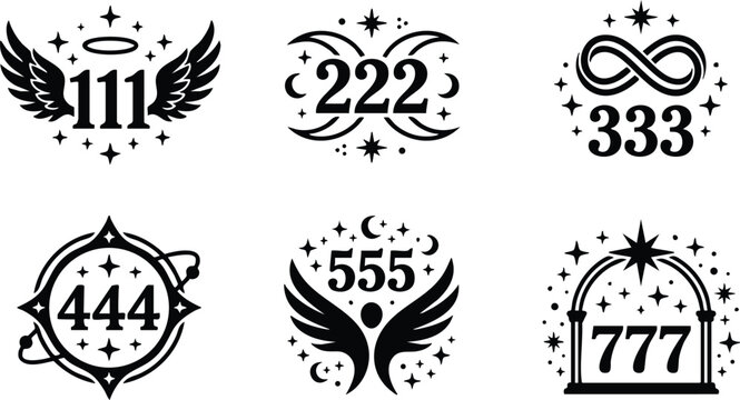 Black and white spiritual angel wing numbers set one one one to seven seven seven vector art