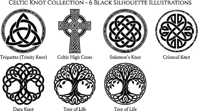 Black silhouette celtic knot collection with triquetra high cross solomons crisneal dara and tree of life