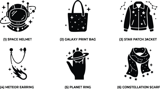 Black space helmet galaxy print bag star patch jacket meteor earring planet ring constellation scarf set vector art