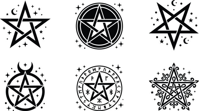 Black and white pentagram stars with moons and runes vector art set