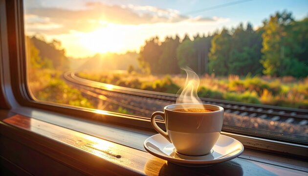 Steaming cup of coffee on a train window with a scenic view of sunrise over railroad tracks and forest