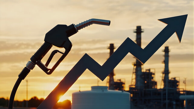 Rising Fuel Prices Illustrated by a Gas Pump Nozzle Silhouetted Against a Setting Sun and Industrial Oil Refinery Background with an Upward Trend Arrow