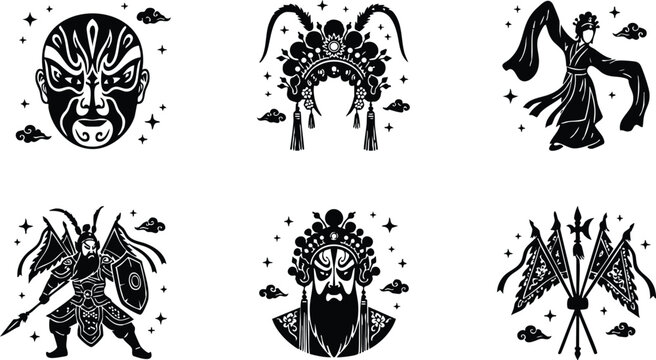 Black and white peking opera mask warrior dancer and ornate headdress vector art