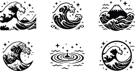 Obraz premium Black and white wave and splash circle vector art icons with mountain and stars