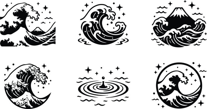 Black and white wave and splash circle vector art icons with mountain and stars