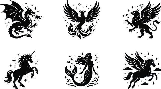 Black silhouette winged mythical creatures set with dragon phoenix griffin unicorn mermaid and pegasus