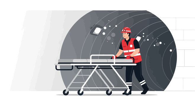 Paramedic Pushing Stretcher in Industrial Tunnel, Emergency Medical Service