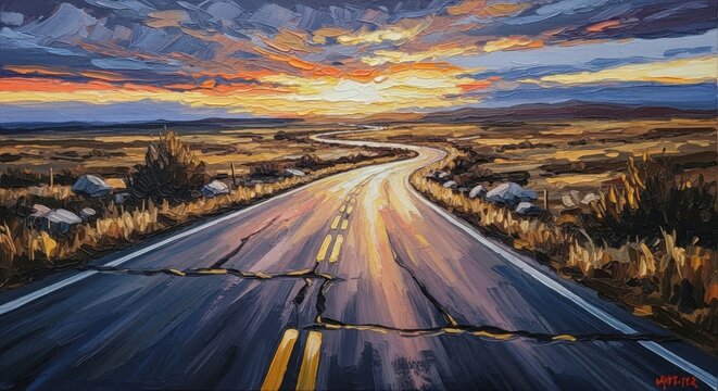 Empty two-lane highway at sunrise with dramatic sky and golden lighting