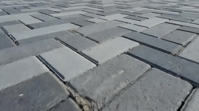 Closeup of interlocking paving stones laid in a herringbone pattern.