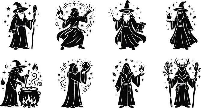 Black and white wizard and mage characters casting spells and brewing magic in flat vector art