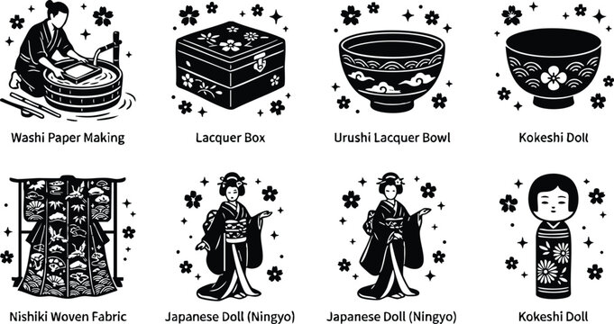 Black and white washi paper making and traditional japanese dolls with lacquerware and woven fabric