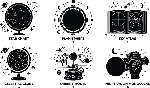 Black and white celestial globe orrery model star chart and night vision monocular vector art set