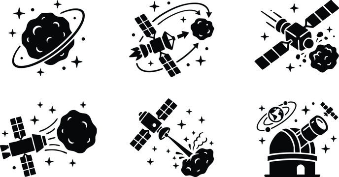 Black and white space satellite interacting with asteroid vector art and telescope observatory icons