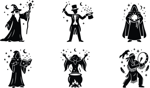 Black and white wizard magician and shaman magic vector art set