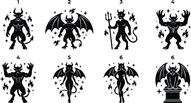Black and white devil and demon characters with horns wings and flames vector art