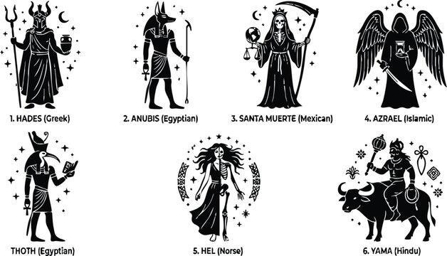 Black and white figures of seven mythological death gods including hades anubis santa muerte and azrael