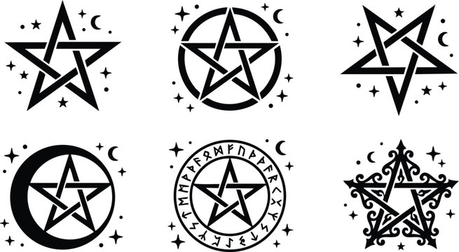 Black and white pentagram stars with moon and rune circle vector art set